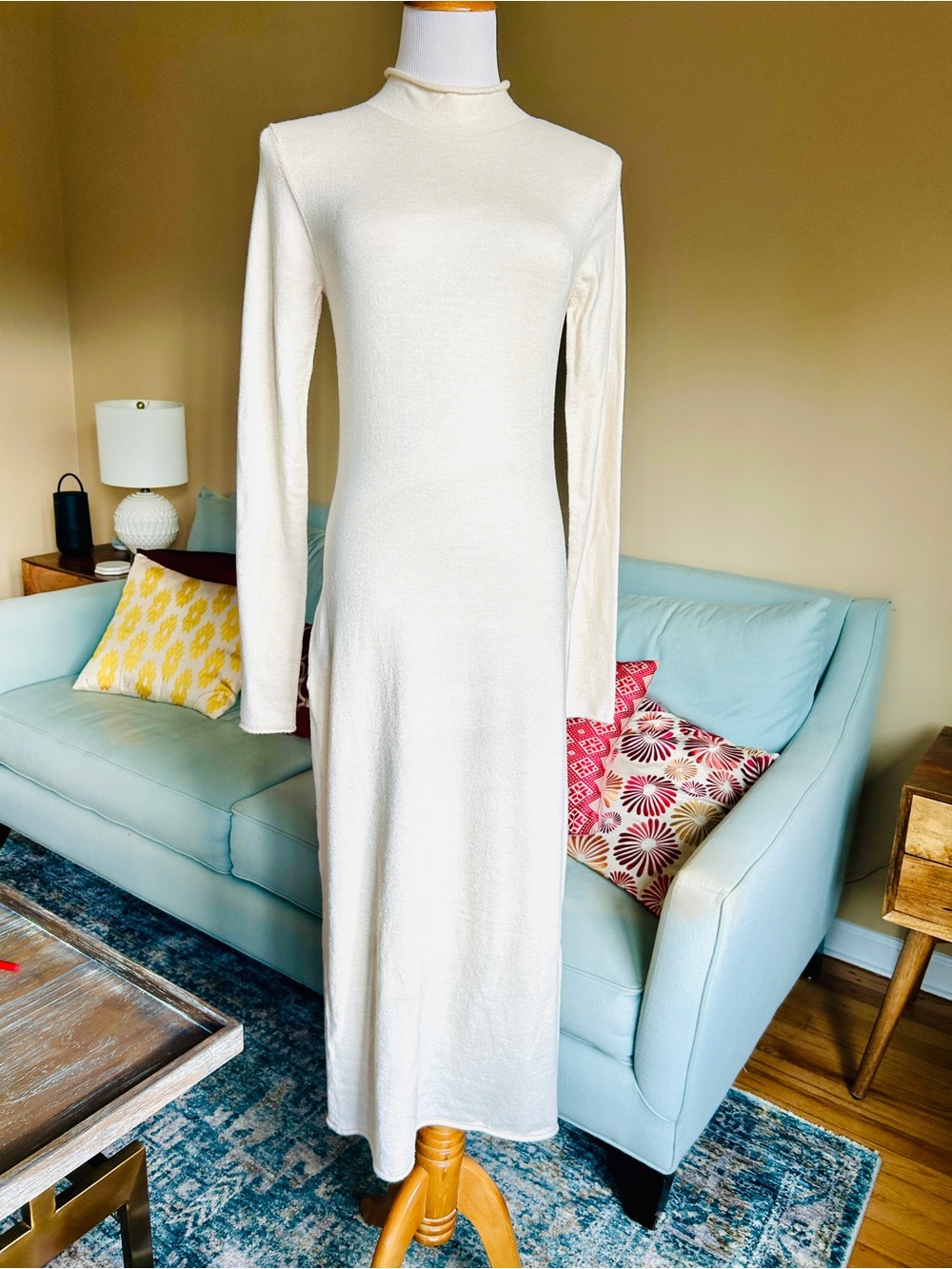 French Connection Babysoft Cream Roll Neck Midi Dress Side Slit Medium - Picture 2 of 13
